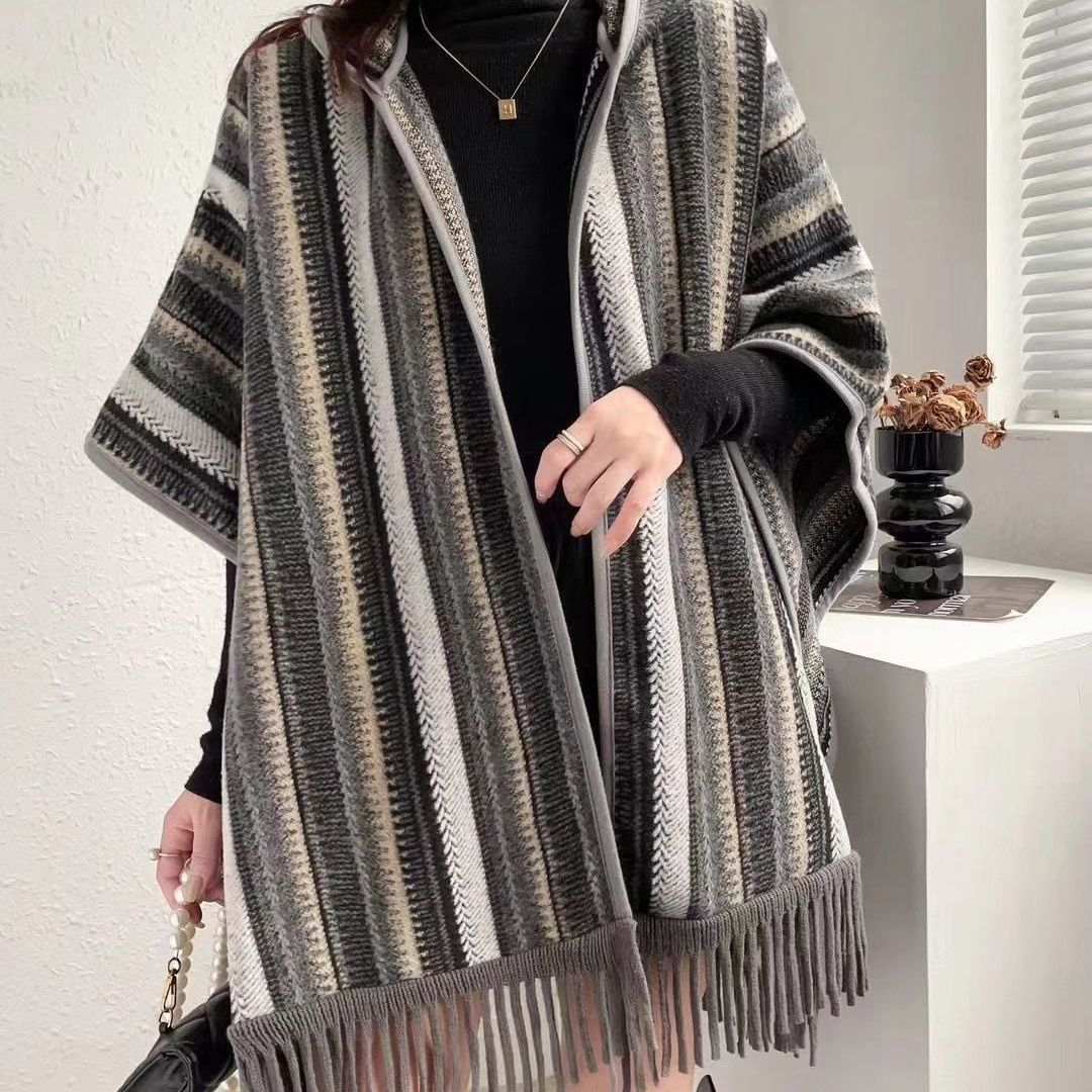 Ethnic Style Hooded Shawl Cape Dual-use