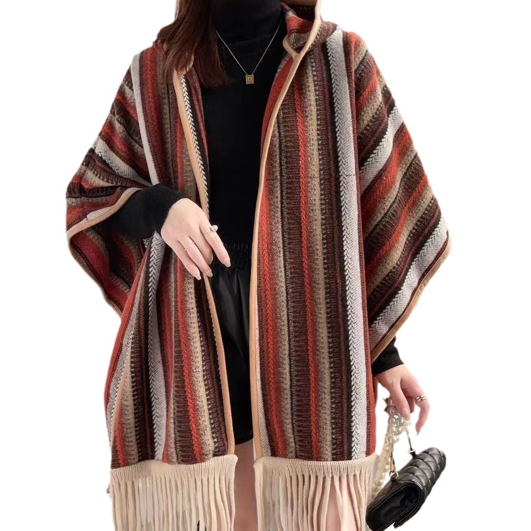 Ethnic Style Hooded Shawl Cape Dual-use