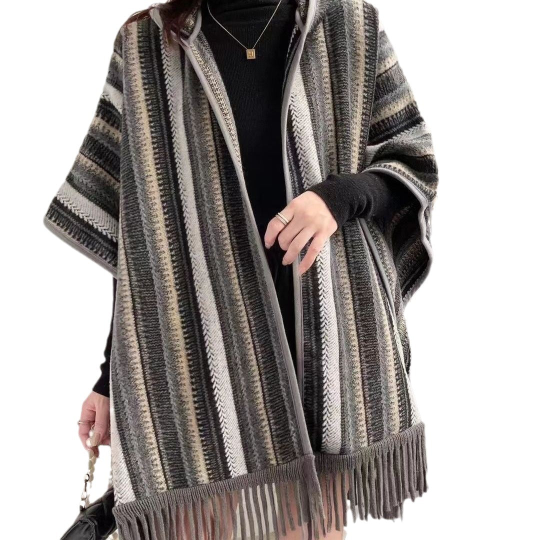 Ethnic Style Hooded Shawl Cape Dual-use